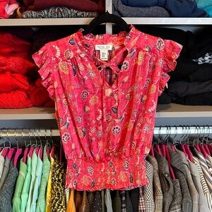 Rachel Zoe pink/navy/gold metallic print sleeveless smocked waist top size XS